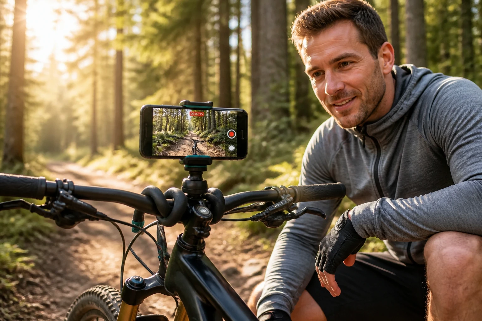 FlexMount wrapped around a bike handlebar filming a POV trail video