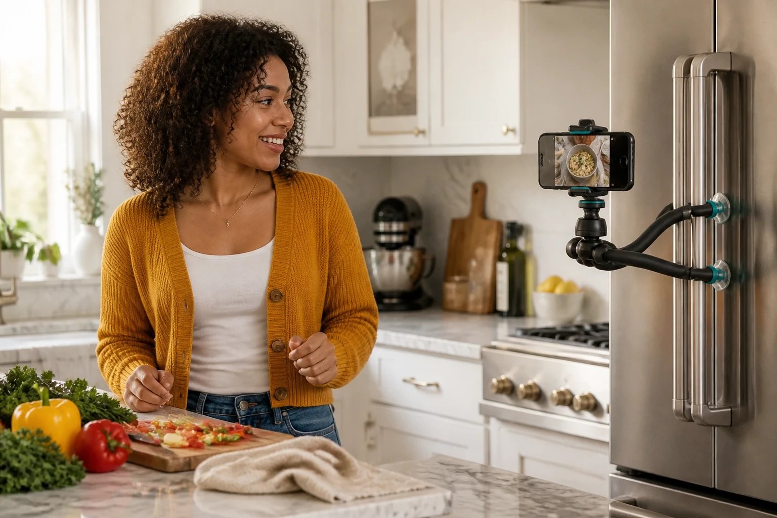 FlexMount wrapped around a fridge handle holding a phone for a cooking video
